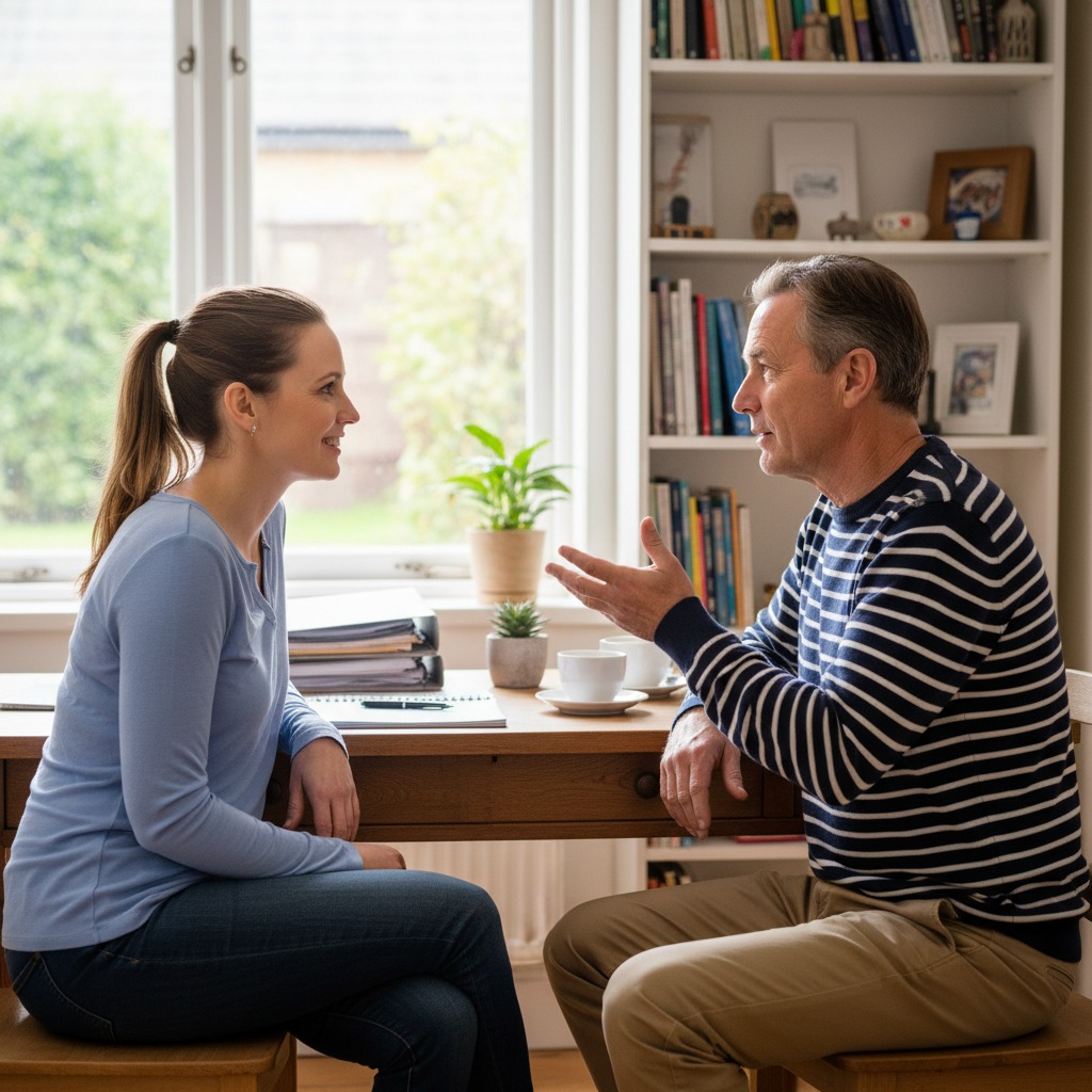 puedes generar una imagen de una enfermera y un paciente con ropa normal conversando en un escritorio frente a frente