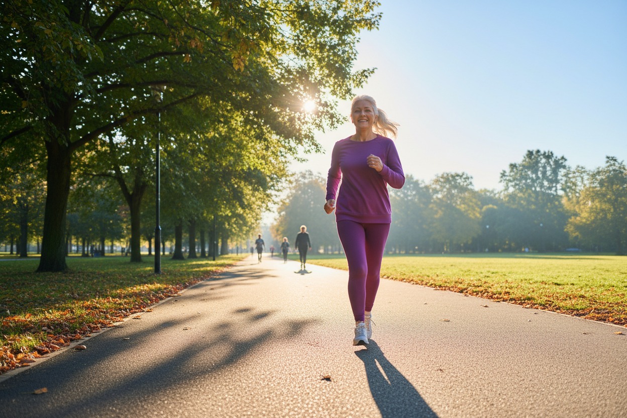 crea una imagen de una persona de la tercera edad mujer corriendo en un parque en un dia soleado